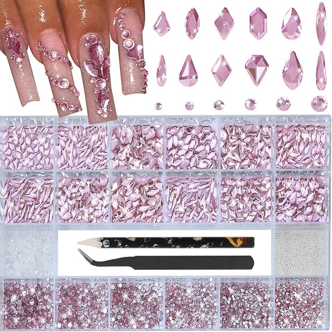 Nail Charms and Gems - 5000 Pcs, 20 Types, 20 Sizes, with Kit, Nail Rhinestones, Faux Pearls, Beads, for Nail Art (Pink)