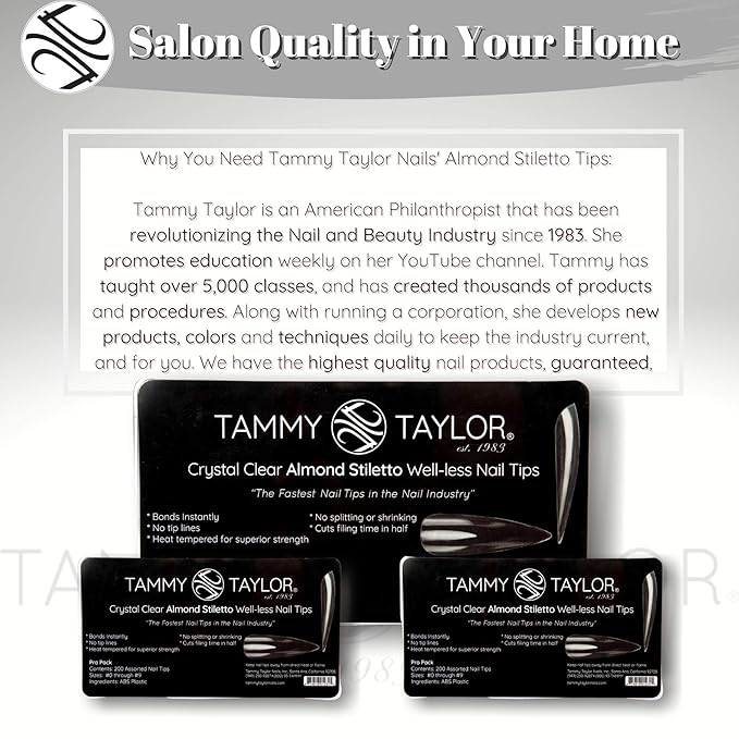 Tammy Taylor Stiletto Acrylic Nail Tip Extensions | Tapered Full Coverage, Natural Lightweight, Long Lasting, Professional C Curve Clear Nail Tips | Press on Nails Almond Stiletto Style | 20ct