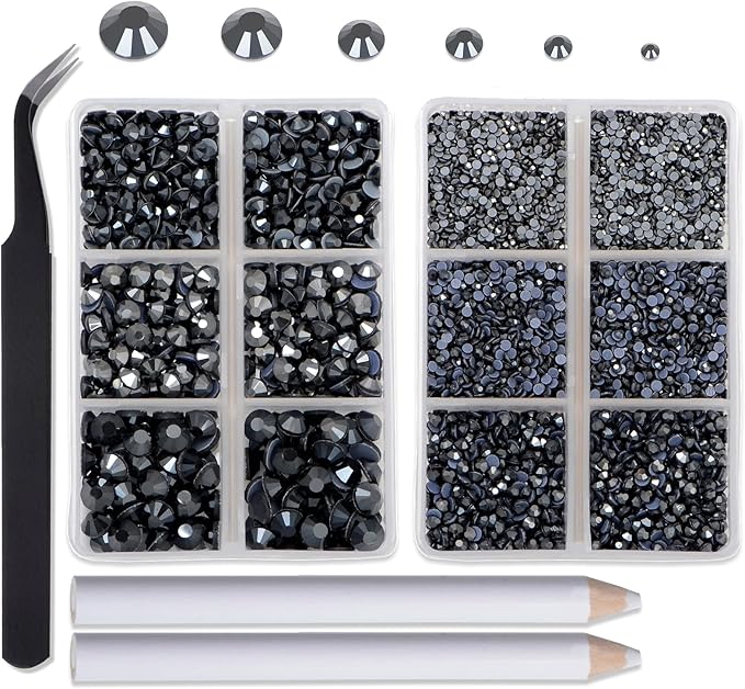 8000pcs Hotfix Rhinestones Flatback,Rhinestones for Crafts Clothes Mixed 6 Sizes, Hotfix Crystals with Wax Pencil Kit, SS4-SS30,Jet Hematite