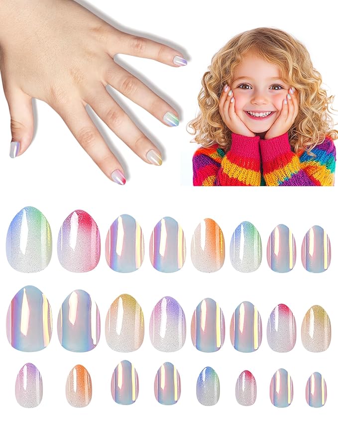 Cute Press on Nails for Kids,Girls Trendy Stuff Fake Nail Kit for Ages 5-12, Pre-glue Glitter Short Acrylic Nail Stick on Nails, Great for Girl Birthday Gifts, Parties&Makeovers Decoration