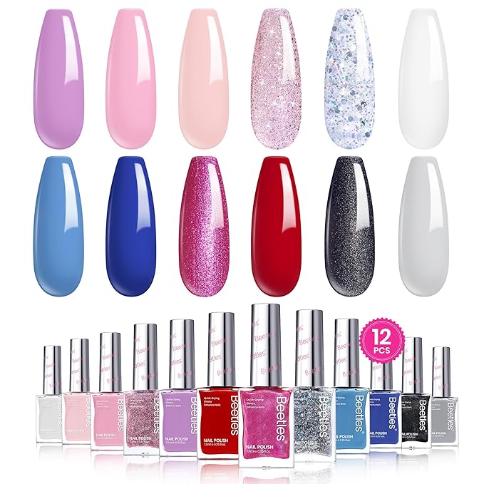 Beetles Nail Polish Set - Quick Dry Nail Polish Kit 12 Colors Pink Glitter Green Blue Yellow Red Regular Air Dry Fingernail Polish Pack for Women Valentines Gift Beetles Colorful Canvas 12 Colors