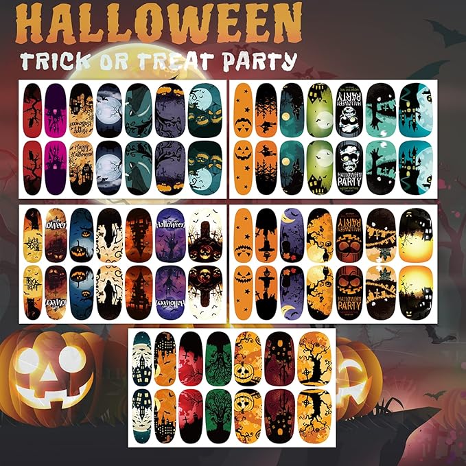 TailaiMei 10 Sheets Halloween Nail Wraps Stickers Nail Polish Strips Self-Adhesive Full Wraps with 2 pcs Nail Files for DIY Nail Art Decals (Horror Style)