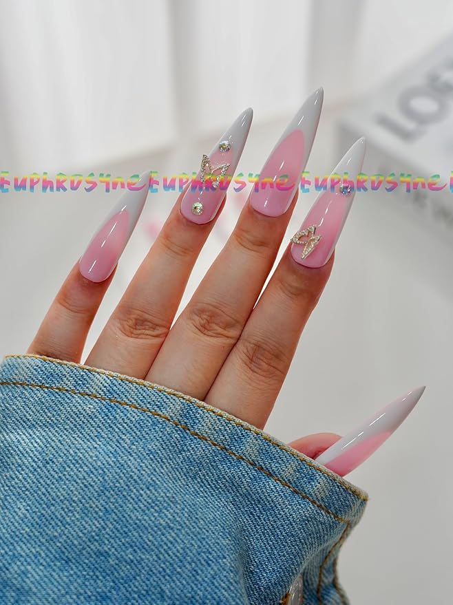 Press On Coffin Nails – 10PCS Long Pink French Tip Nails with Butterfly Rhinestones, Glossy Reusable Fake Nails for Women and Girls – Euphrosyne