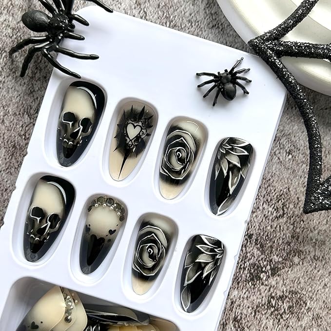 Stiletto Press-on Nails - Goth Fake Nails with Skull & Black Rose Design, Rhinestone Full Cover Acrylic Nails, 24pcs for Women, Girls & Halloween Manicure