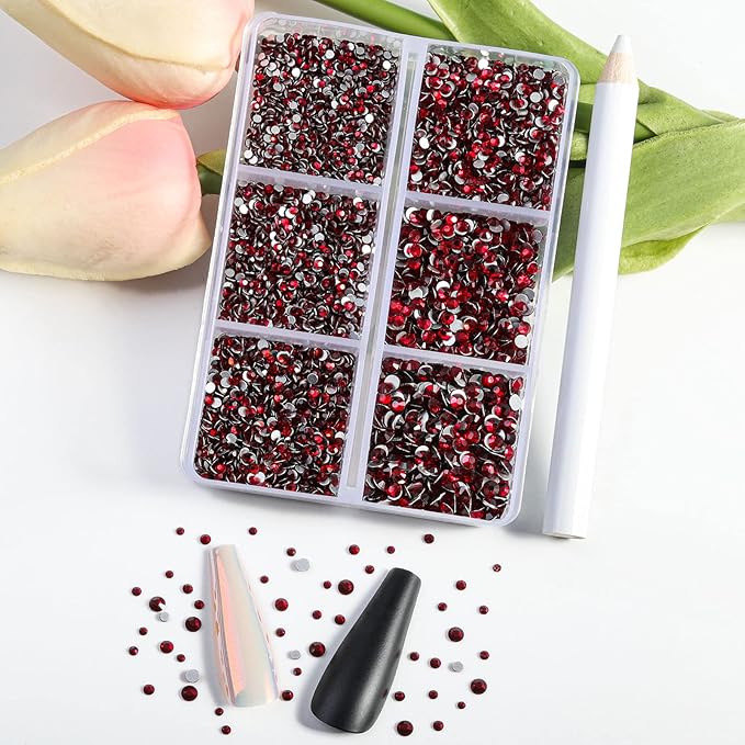Beadsland 7200pcs Flatback Rhinestones,Dark Red Rhinestone Nail Gems Round Crystal Rhinestones for Crafts,Mixed 6 Sizes with Wax Pencil Kit, SS3-SS10,Dark Siam
