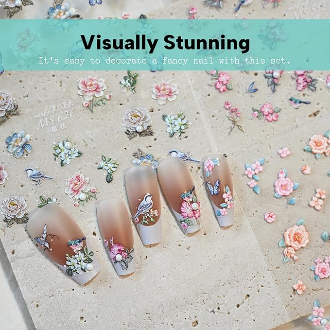 Flower Rose Bird Nail Art Stickers Pearl Rhinestones Embossed Vintage Nail Decals for Nail Art Design Self-Adhesive Nail Accessories for Women Nail Art Supplies 3 Sheets
