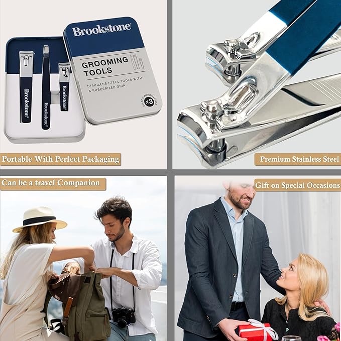 Brookstone Nail Clippers Set - Premium Stainless Steel Nail Clipper and Nail Cutter with Rubberized Non-Slip Grip, Includes Case and Tweezer, Two Nail Clippers for Precision Grooming (Navy)
