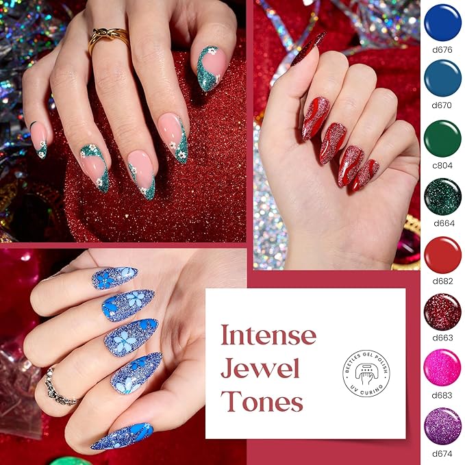 Beetles Gel Liner Nail Art Polish Set 50 Colors Reflective Gold Glitter Green Pink Red Blue Silver Gel Nail Polish Soak Off UV Built Thin Brush in Bottle Nails Design Rainbow Gift for Women