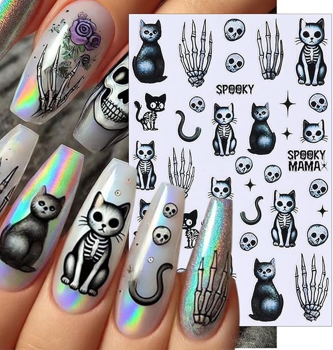 Halloween Skeleton Cat Nail Stickers, Black Cat Self-Adhesive 3D Nail Art Decals for DIY Magic Ball Manicure (5 Sheets)