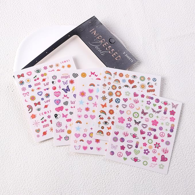 Impressed 5 Sheets Luxury Nail Art Stickers 500+ Gold Customized Nail Decals for Fake Nail Design and Salon Nails Accessories (Y2K)