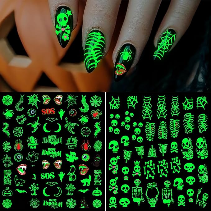 Glow Halloween Nail Art Stickers, Luminous Nail Sticker Decals for Girl Women, Scary Skull Bat Pumpkin Ghost Cat Words Nail Stickers for Nail Art Kids Party Gifts Decoration Self-Adhesive, 9 Sheets