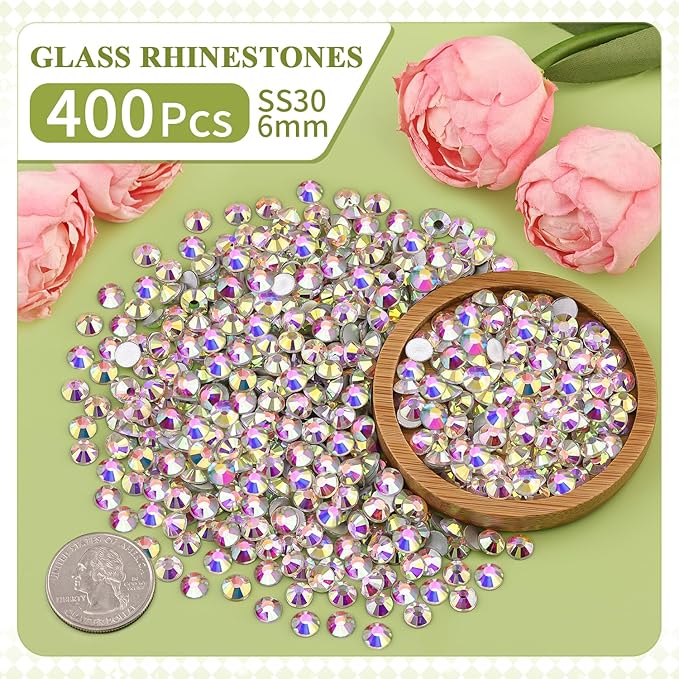 400PCS SS30/6mm Crystal Rhinestones (Crystal AB) with 2Pcs 10ml B7000 Jewelry Glue, Bedazzling Flatback Glass Rhinestones for Crafting, Gems Diomand Charms for Tumbler Shoes Clothing Mugs Nail Art