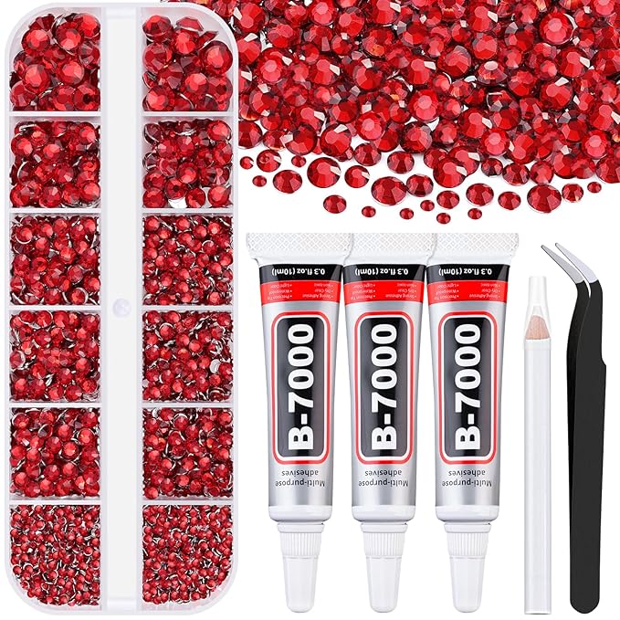 Resin Rhinestones for Crafting with B7000 Jewelry Glue, 1 Box Red Flatback Crystals with 3Pcs 10ml Glue for Bedazzling Crafts DIY Nail Art Makeup，Non Hotfix Gems for Clothing Shoes