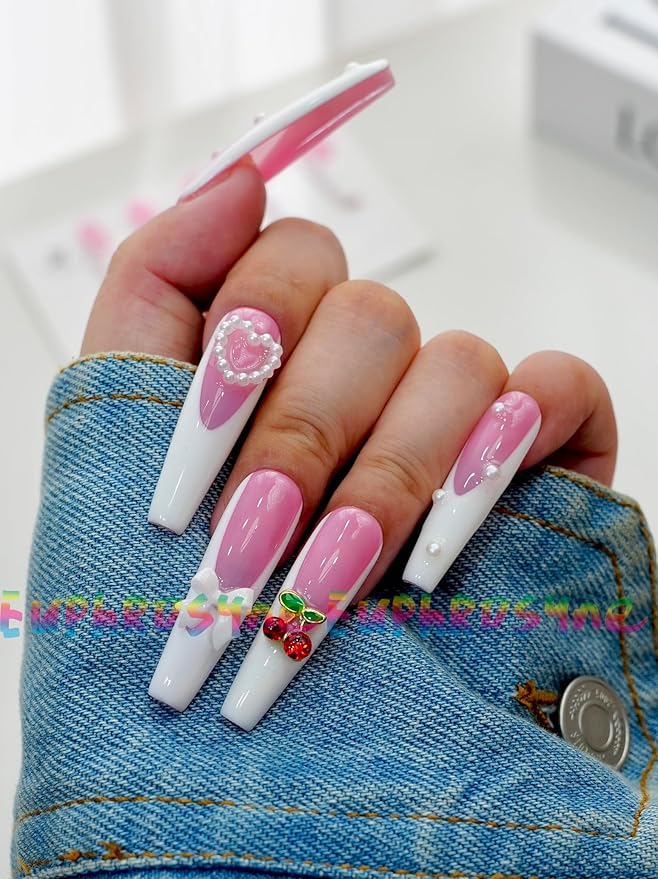 Cherry Pearl Pink Press on Nails – 10PCS Medium Coffin Glossy Fake Nails with White French Gradient and 3D Bow Charms, Cute Reusable Stick On Nails for Girls and Women – Euphrosyne