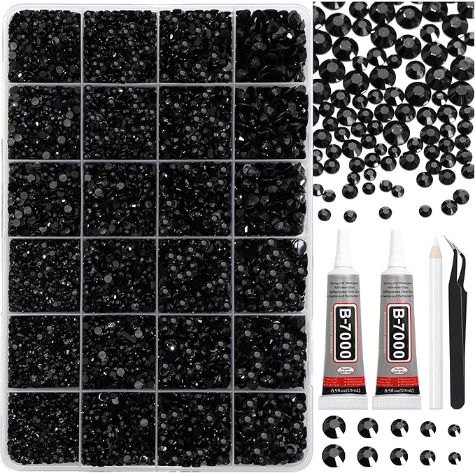 RODAKY 30000PCS Black Rhinestone Flatback Resin Gems for Bedazzling Crystal Rhinestone Beads Jewels 2Pcs 10ml B7000 Glues Tweezers Dotting Pen for DIY Crafts Clothing Shoes Nail Art