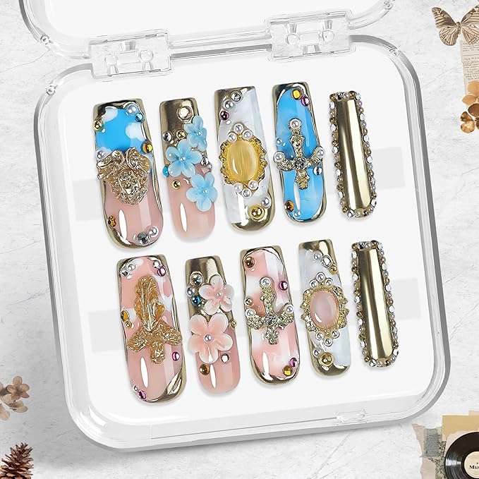 Handmade Luxury Blue Mirror Gold Press On Nails 10pcs, Opulent Acrylic Square Tips with 3D Floral Art, Gemstone & Pearl Embellished Design, Premium Full Cover Nails for Weddings & Parties – Appife