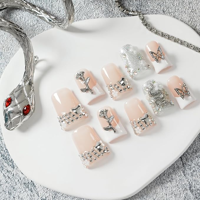 Handmade Press on Nails Short Duck White French Tip Thick Acrylic Fake Nails 3D Floral Metallic Rose Butterflies Luxury Rhinestone Design (Silver Ash Butterfly Sheen,M)