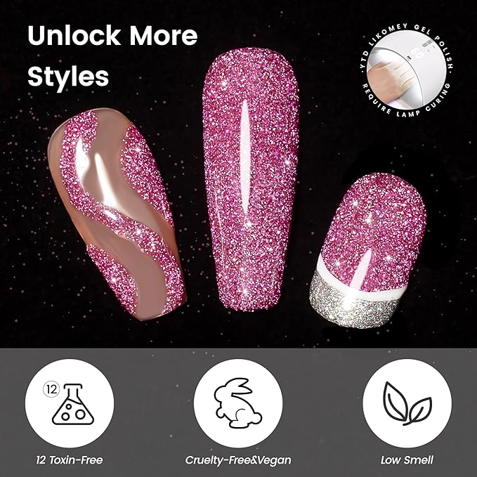 YTD Likomey Colorful Reflective Glitter Gel Nail Polish,15ml Pink Purple Flash Diamond Shimmer Nails Gel,Sparkly Shiny Salon Home Fall Winter Manicure Bright Plum UV Varnish,SZ396