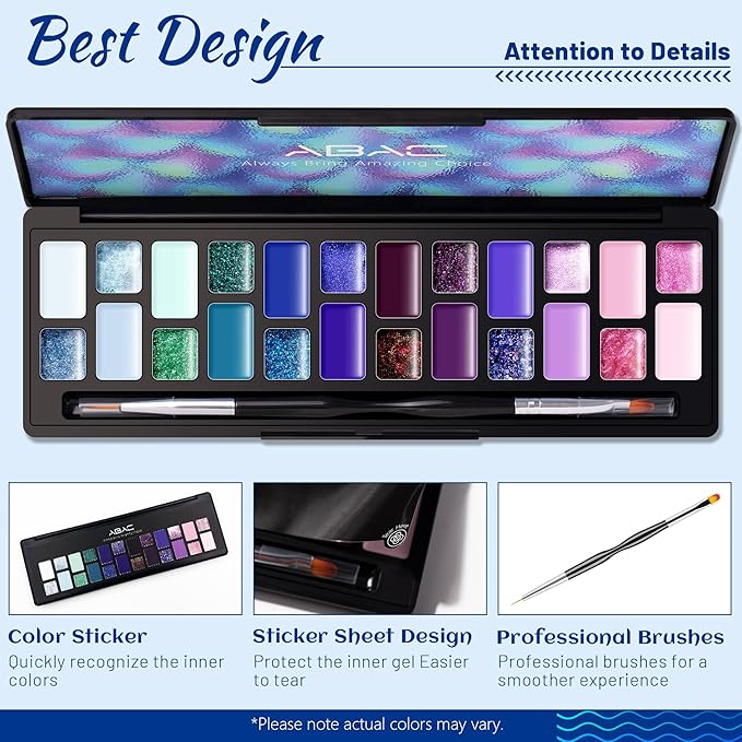 ABAC Solid Gel Nail Polish,Ombre Gel Nail Polish,Pat Paint Nail Gel-24 Colors Blue Pink Purple Shimmer Hema Free Gel Polish w/Pro Brush Soak Off LED Gift for Women