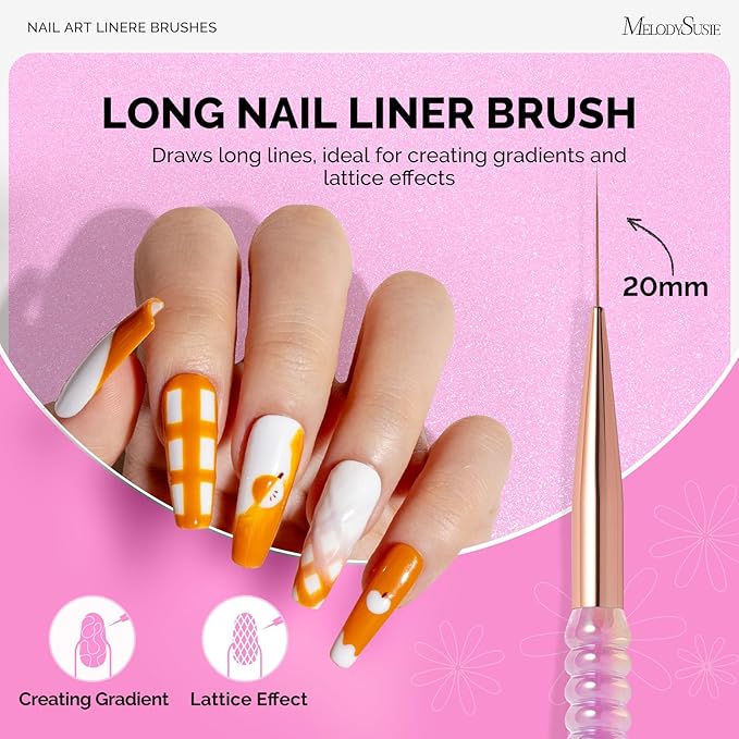 MelodySusie 5Pcs Nail Art Liner Brushes with Nail Brush Holder, Professional Gel Polish Painting Art Design Pen for Thin Long Lines, Tiny Details, Fine Drawing, Delicate Coloring Sizes 5/7/9/11/20mm