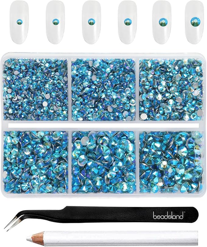 Beadsland 4300pcs Flatback Rhinestones,Blue Rhinestone Nail Gems Round Crystal Rhinestones for Crafts,Mixed 6 Sizes with Picking Tweezers and Wax Pencil Kit, SS6-SS20,Aquamarine AB