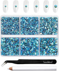Beadsland 4300pcs Flatback Rhinestones,Blue Rhinestone Nail Gems Round Crystal Rhinestones for Crafts,Mixed 6 Sizes with Picking Tweezers and Wax Pencil Kit, SS6-SS20,Aquamarine AB
