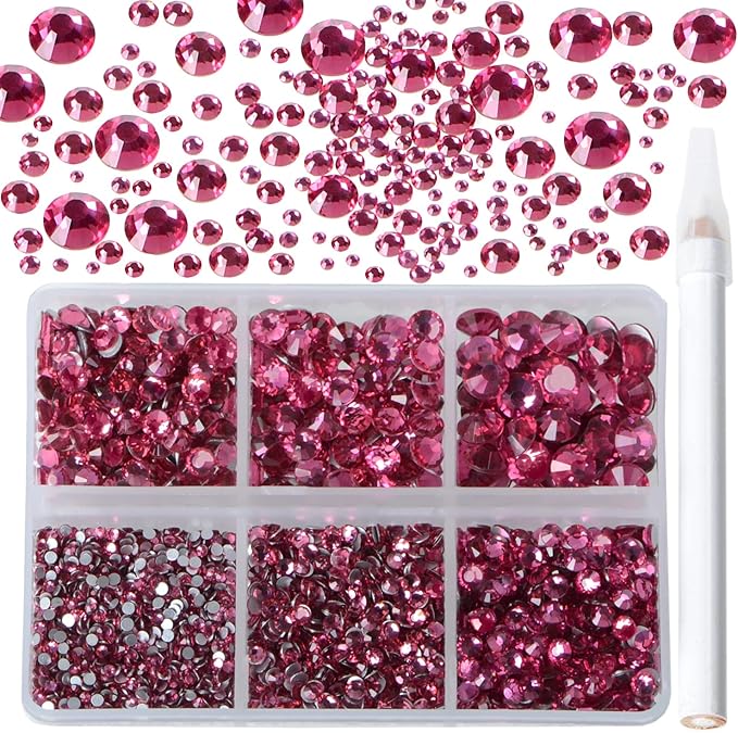 Bymitel 5000 Pieces 6 Mixed Sizes Glue Fix on Glass Rhinestones Round Crystal Gems Flatback for DIY Jewelry Making with one Picking Pen(6-Sizes 5000PCS, Rose)