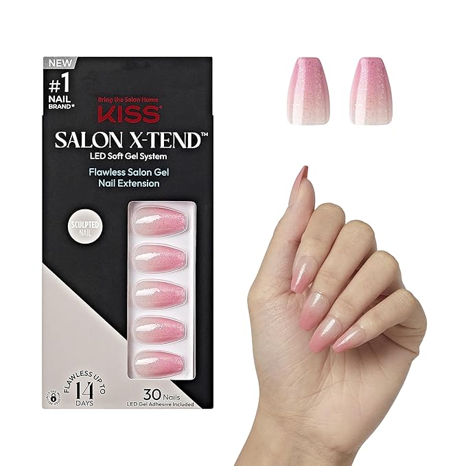 KISS Salon X-tend, Press-On Nails, Glue included, 'Detox', Medium Pink, Medium Size, Coffin Shape, Includes 30 Nails, 5Ml Led Soft Gel Adhesive, 1 Manicure Stick, 1 New Mini File, New Prep Pad