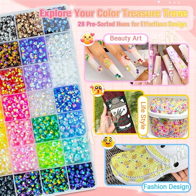 28 Color 6mm Jelly Resin Rhinestones w B7000 Glue for Bedazzling Crafting SS30 Flatback Stones Colorful AB Gems Diamonds Bedazzler Kit Charms for Nails Eyes Face Makeup Tumblers Crafts Shoes