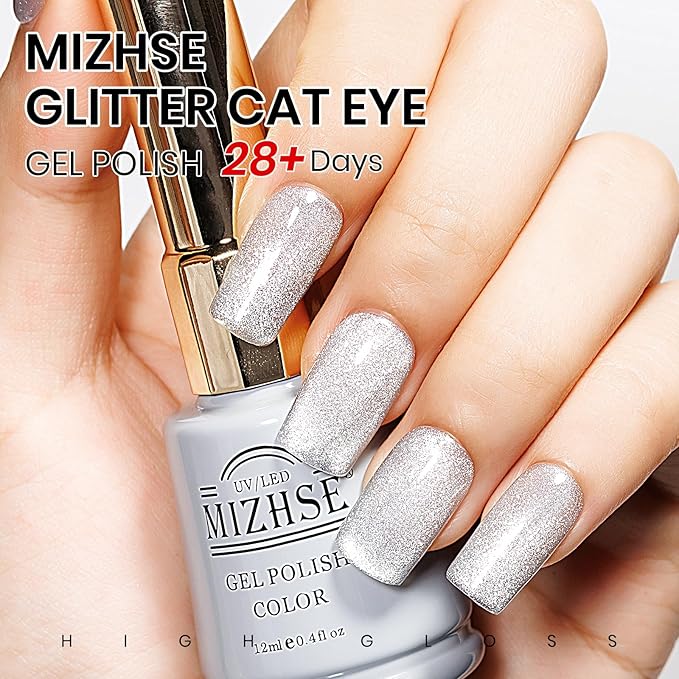 MIZHSE Cat Eye Gel Nail Polish Silver Glitter Cateye with Magnet, Holographic Crystal Shimmer Magnetic U V LED Soak Off Gel Polish for Home DIY Manicure
