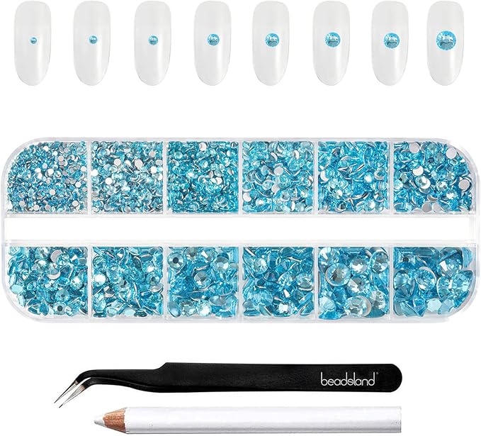 Beadsland Rhinestones for Makeup,8 Sizes 2500pcs Blue Flatback Rhinestones Face Gems for Nails Crafts with Tweezers and Wax Pencil,Aquamarine,SS4-SS30
