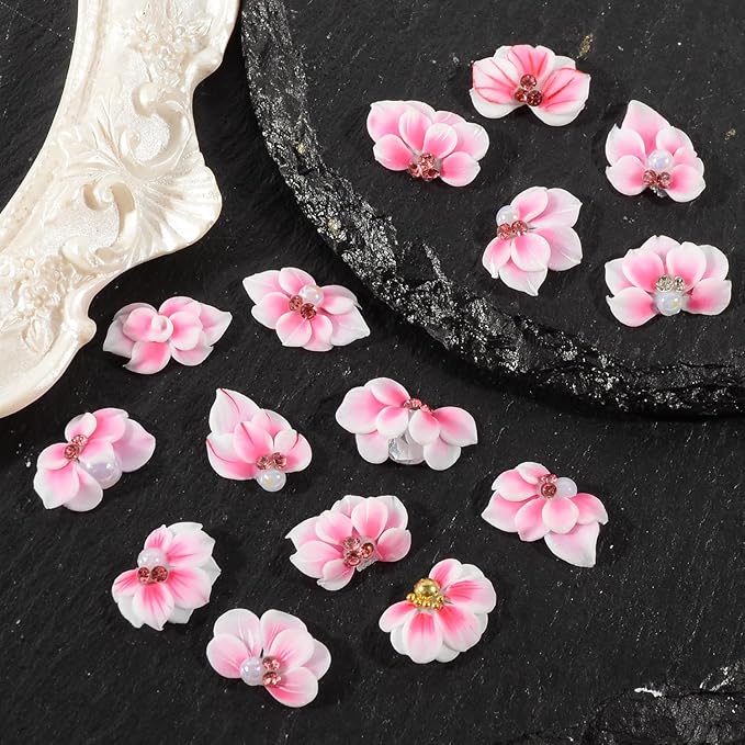 30PCS 3D Handmade Flower Nail Art Charms Advanced Handcrafted Cherry Blossom Flower Colorful Sculpted Floral Nails with Rhinestone Caviar Beads Design for Women Profession Nail Art Craft Jewelry