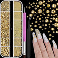 Gold Nail Charms Caviar Beads for Nails, 1.5-5mm Half Round Flatback Nail Pearls 0.7-2mm Gold Beads with Pickup Tools for Nails Face Eyes Makeup (32-K1-5)
