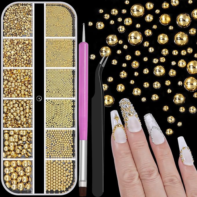 Gold Nail Charms Caviar Beads for Nails, 1.5-5mm Half Round Flatback Nail Pearls 0.7-2mm Gold Beads with Pickup Tools for Nails Face Eyes Makeup (32-K1-5)