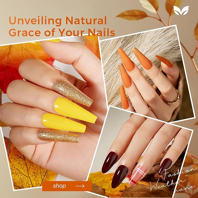Morovan Orange Nail Polish Set: 6 Gold Maple Leaf Nail Polish Kit 2025 Glitter Autumn Fingernail Pumpkin Yellow Burnt Orange Art Quick Dry Nail Regular Mini Bulk Manicurist Women Girls Gift