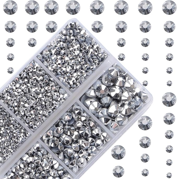 4000Pcs Mixed Size Hot Fix Round Crystals Gems Glass Stones Hotfix Flat Back Rhinestones (Labrador Silver)