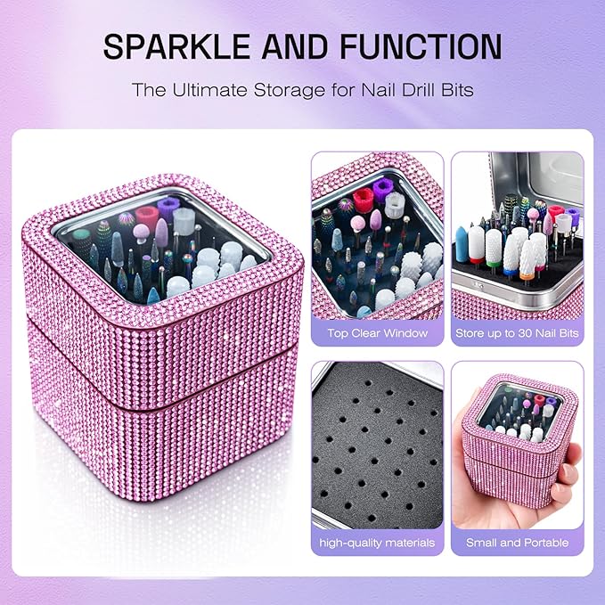 Nail Drill Bits Set with Storage Case: 30pcs 3/32 Inch Carbide Diamond Ceramic Professional Salon Kit for Acrylic Nails, Multi-Function for Women Nail Artists Manicure Pedicure (Pink)