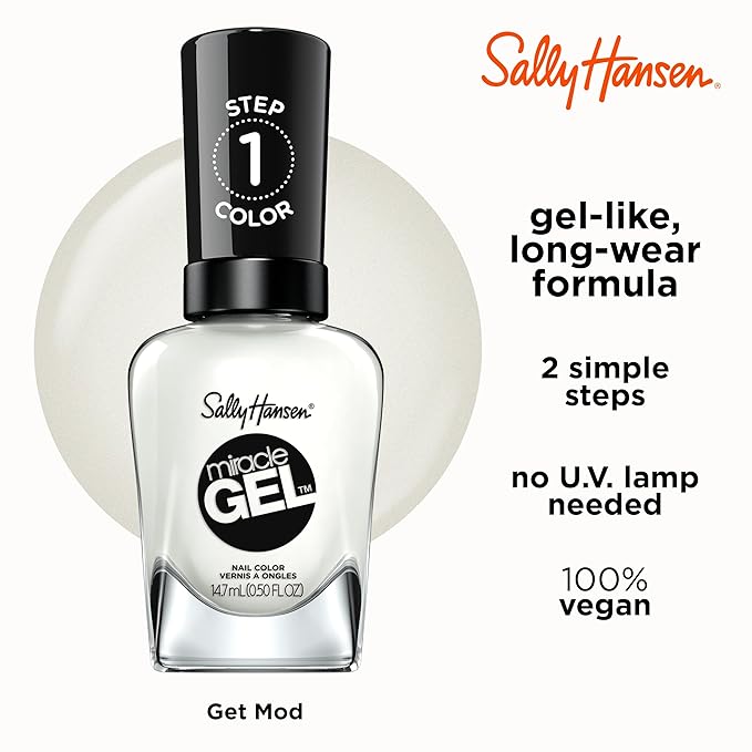 Sally Hansen Miracle Gel, Get Mod, Long Lasting, Gel-Like Formula, No UV Lamp Needed, Semi Opaque, Shiny White Nail Polish