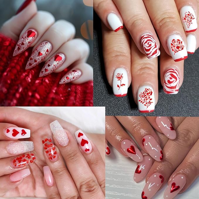 Valentine's Day Nail Art Stickers - Laser Red White Heart Nail Decals, Self-Adhesive Sexy Kiss Heart for DIY 3D Nail Supplies Decoration (6 Sheets)