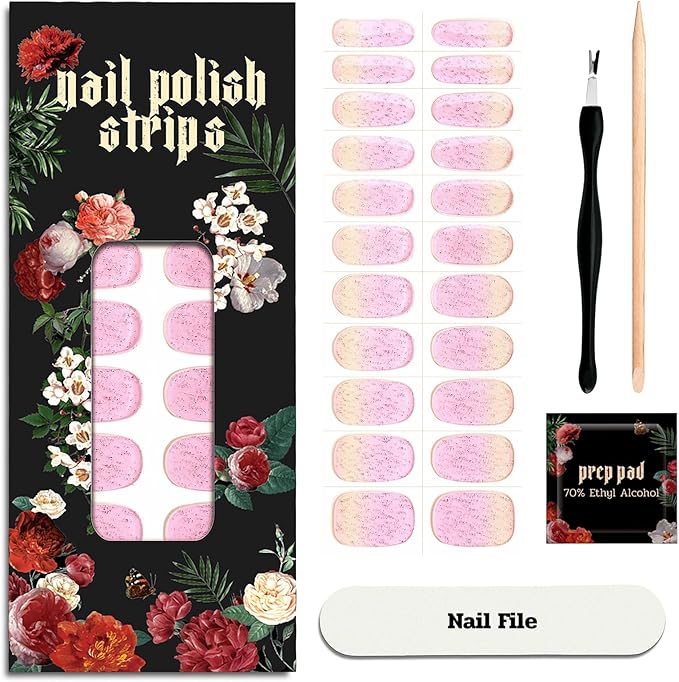 Nail Polish Strips (No UV Lamp Needed) - 22 Pcs Salon Quality Gel Nail Stickers - Long Lasting Wraps (Vintage Rose Glitter)