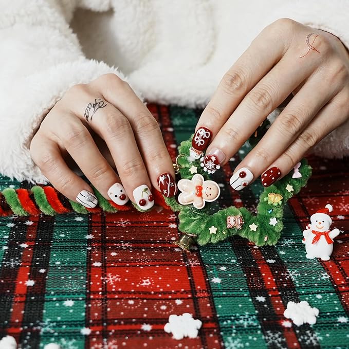 Handmade Press on Nails Short Oval with 3D Festive Design, Kawaii Reindeer & Snowman Holiday Set - Winter White Red Base Cute Multi-Layer Gel False Nails (Cute Snowman,M)