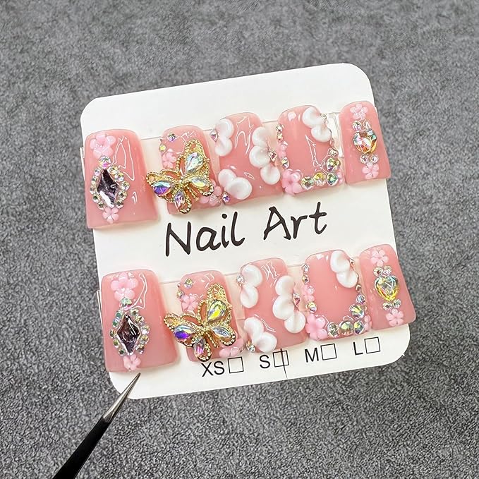 10Pcs Flower Butterfly Press on Nails Handmade Duck Fake Nails with 3D Flower Butterfly Rhinestone Design Pink False Nails Short Acrylic Nails Press ons Cute Handmade Glue on Nail for Women (S)