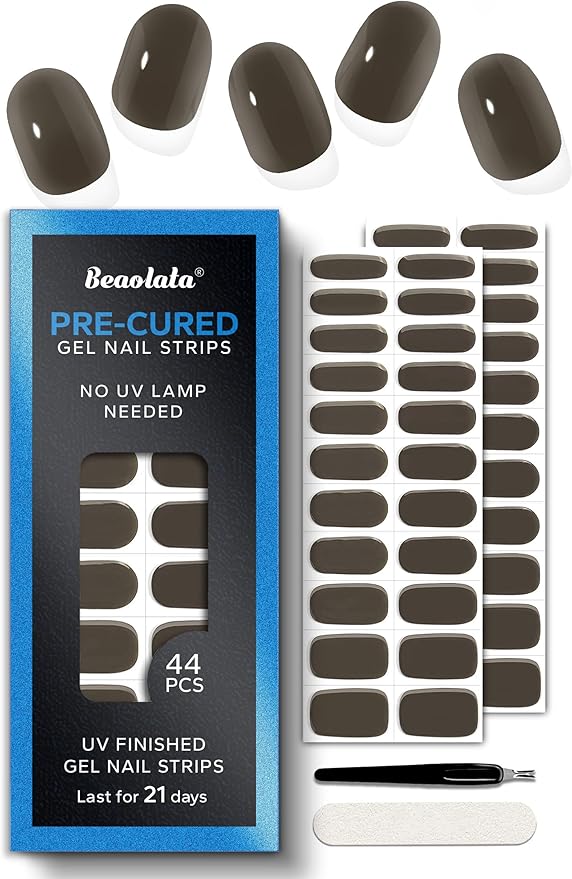 Real Gel Nail Strips (No UV Light Needed) - 44Pcs Salon Quality Nail Stickers - Long Lasting Polish Wraps for Women, Easy Apply & Remove (Fern Brown)