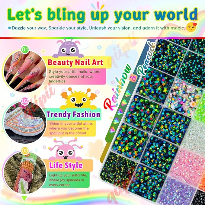 Peacock Green AB Resin Rhinestones w B7000 Glue for Crafting Bedazzling 2-6mm Flatback Colorful Jelly Stones Diamonds Gems Bedazzler Kit for Nails Face Eyes Makeup Tumblers Bottles Crafts Shoes