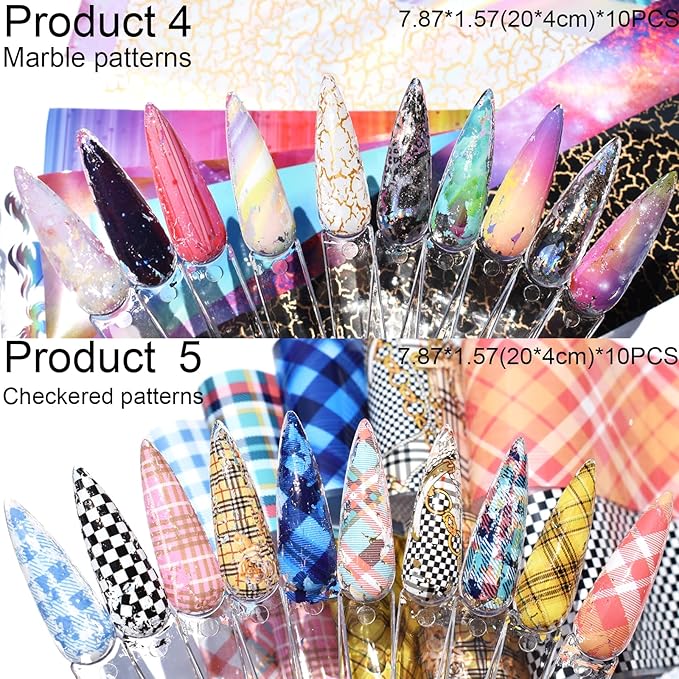 Nail Art Transfer Foils, 60 Pieces, Mixed Designs - Dried Flowers, Iridescent, Animal Print, Marble, Checkered Patterns, 1 Pcs Nail Art Engraving Pen Silicone Pen 7.87 x 1.57 inches(60)