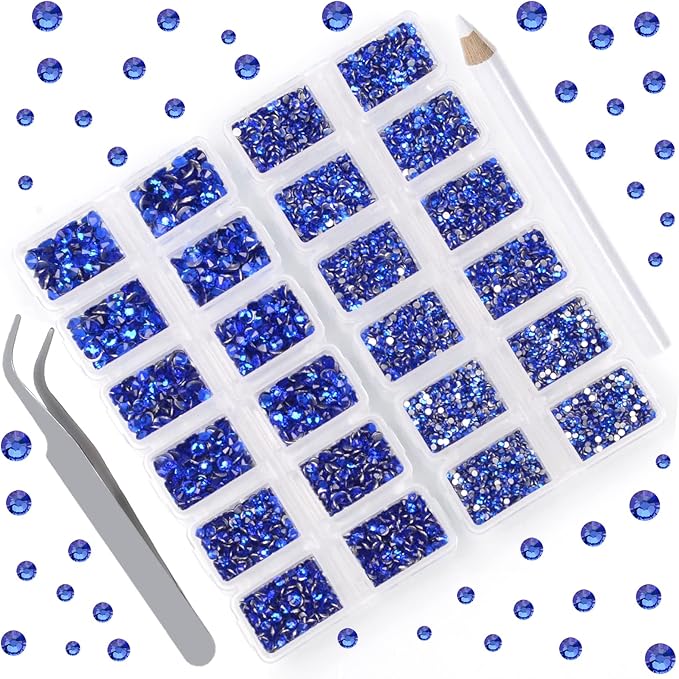 10000 Pieces Rhinestones 6 Sizes Round Crystal Glass Flat Back Rhinestones with 1Tweezers and 1Picking Pen for Nail Art Crafts Clothes Bags DIY (Royal Blue)