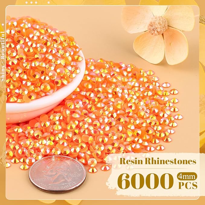 6000PCS 4mm Resin Jelly Rhinestones in Bulk (Orange AB), Bedazzling Flatback Crystals Rhinestones for Crafting DIY Nail Decoration, Gems Diomand Charms for Tumbler Shoes Clothing Fabric