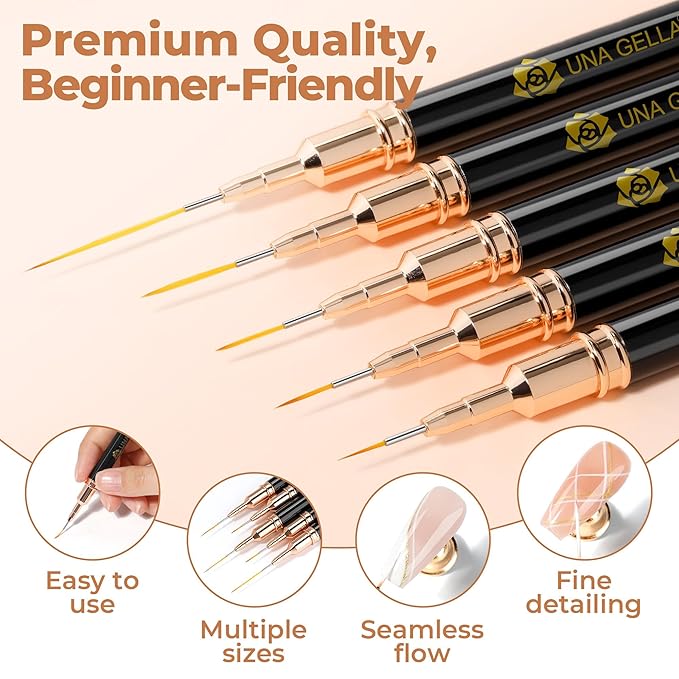 UNA GELLA Metallic Nail Art Brushes, Liner Pens Set 5Pcs For Nail Art Gel Polish - Thin Detail Nail Art Design Painting Brush Set For Nails Gel Fine Drawing Nail Tools Sizes 7/9/11/15/25mm