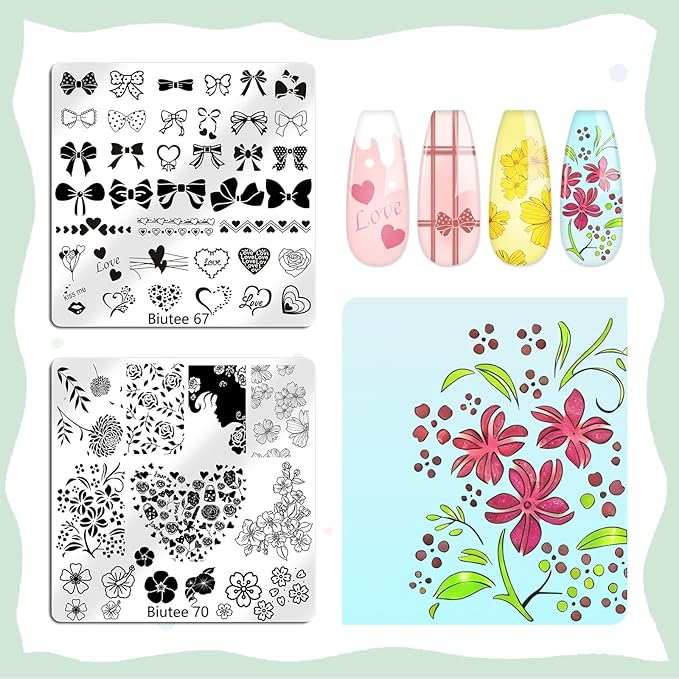 Biutee Nail Stamping Plates Set 16PCS Nail Stamper Kit with Nail Stamper, Scraper & Storage Bag Nail Art Stamping Plates Butterfly Star Flower Leaf Bowknot Design Nail Stamping Kit