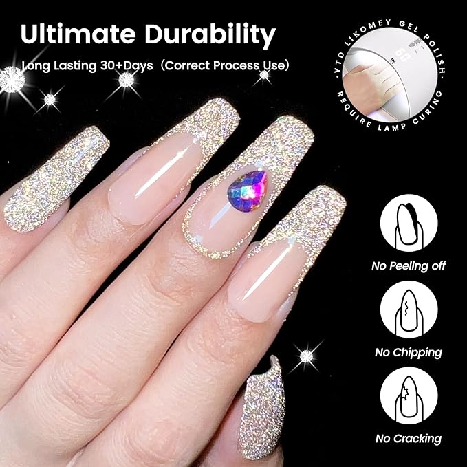 YTD Likomey Reflective Glitter Gel Nail Polish with Base Coat and Top Coat Set,Fall Winter Falsh 6 Colors Shimmer Black Silver Pink Blue Red Gold Diamond Sparkle UV Color Varnish Kit,8 Pcs 7.5 ml